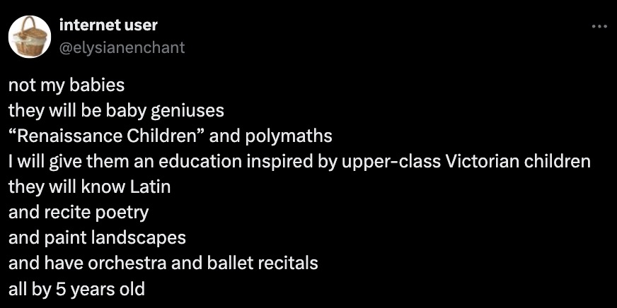 screenshot - internet user not my babies they will be baby geniuses "Renaissance Children" and polymaths I will give them an education inspired by upperclass Victorian children they will know Latin and recite poetry and paint landscapes and have orchestra